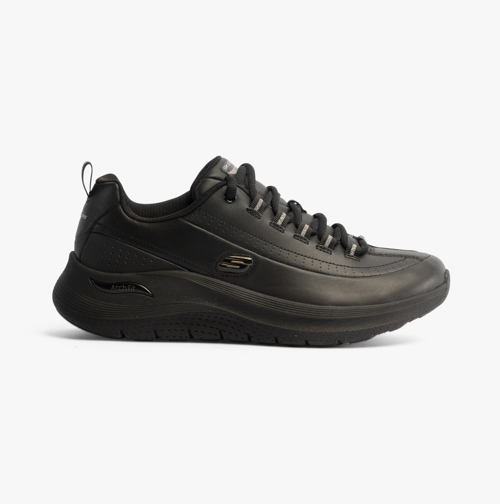 Ladies black leather skechers best sale