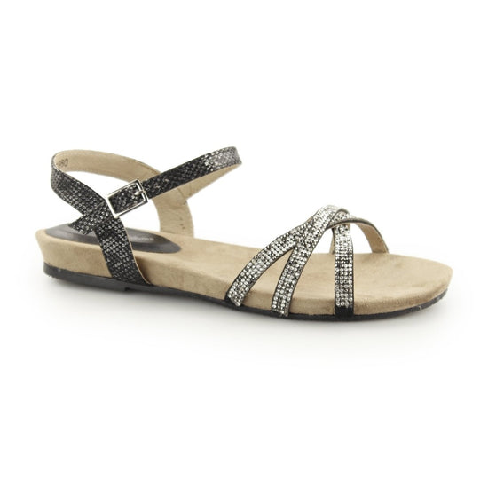 Other ANJA Ladies Diamante Leather Lined Flat Sandals Black - Shuperb