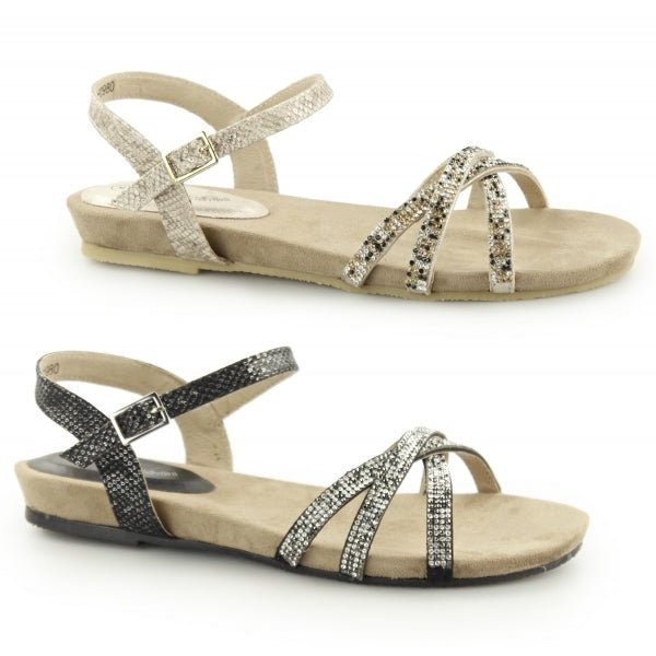 Other ANJA Ladies Diamante Leather Lined Flat Sandals Black - Shuperb