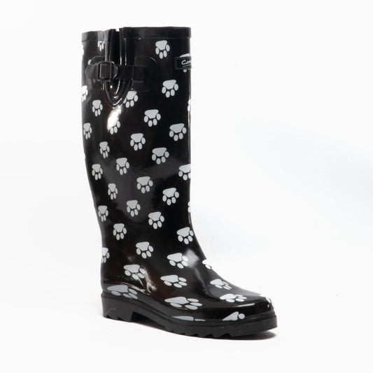 Cotswold DOG PAW WELLY Ladies Rubber Wellington Boots Black/White - Shuperb