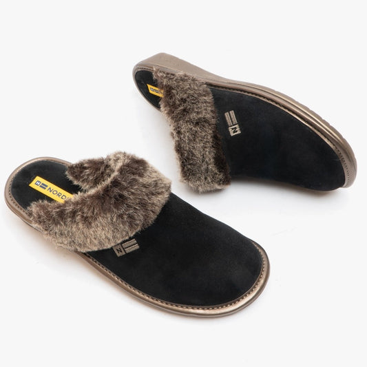 Nordikas 1357 (AFELPADO) Ladies Suede Mule Slippers Black - Shuperb