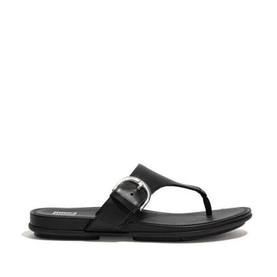 FitFlop GRACIE Ladies Leather Toe Post Sandals All Black - Shuperb