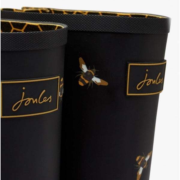 Joules WELLY PRINT Womens Rubber Wellies Black Metallic Bees Shuperb