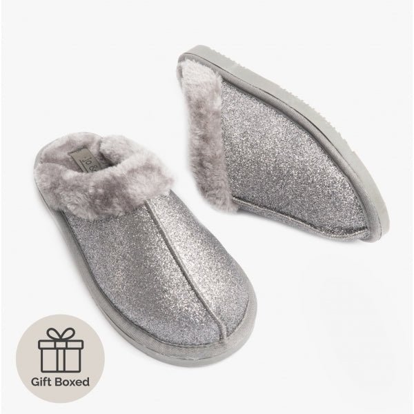 Jo & Joe SPARKLE Ladies Mule Slippers Grey - Shuperb