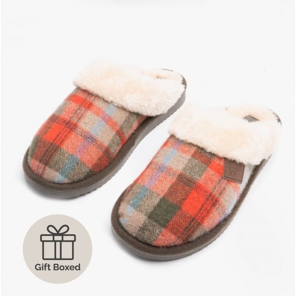 Jo & Joe SHETLAND Ladies Mule Slippers Brown Tartan - Shuperb