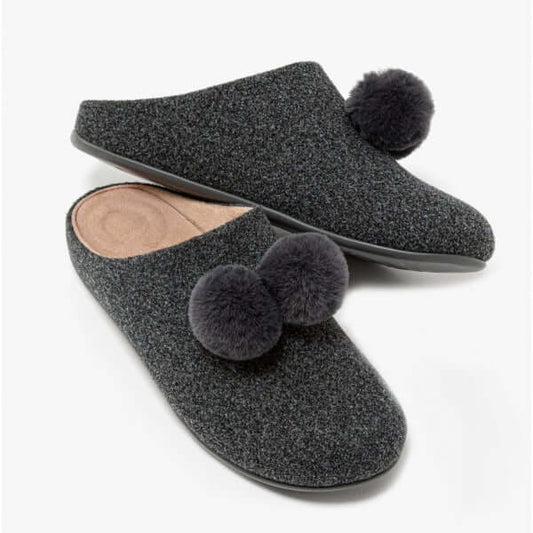 FitFlop CHRISSIE POM POM Ladies Mule Slippers Pewter Grey - Shuperb