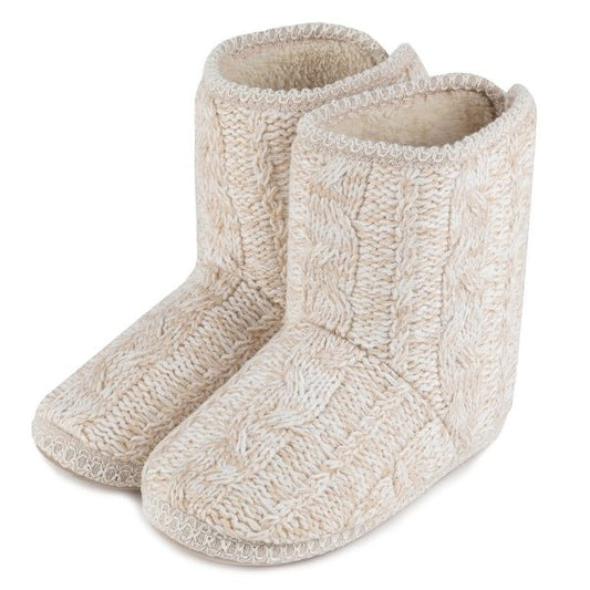 Totes Toasties TALL KNITTED CABLE Ladies Bootie Slippers Natural - Shuperb