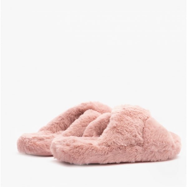 Ted Baker LOPPLY Ladies Faux Fur Cross Over Slippers Dusky Pink - Shuperb