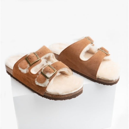 Bedroom Athletics MABEL Ladies Suede Two Strap Slippers Chestnut - Shuperb