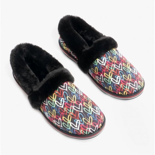 Skechers JAMES GOLDCROWN TOO COZY Ladies Full Slippers Black/Multi Hearts/Stripes - Shuperb