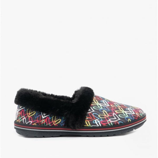 Skechers JAMES GOLDCROWN TOO COZY Ladies Full Slippers Black/Multi Hearts/Stripes - Shuperb