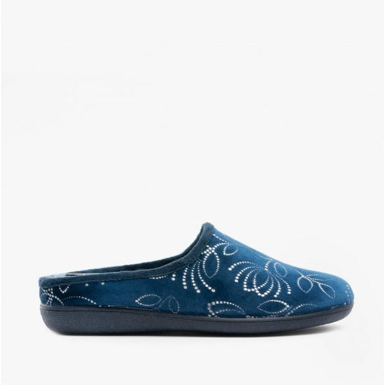 Lotus ELIZABETH Ladies Velour Mule Slippers Navy - Shuperb