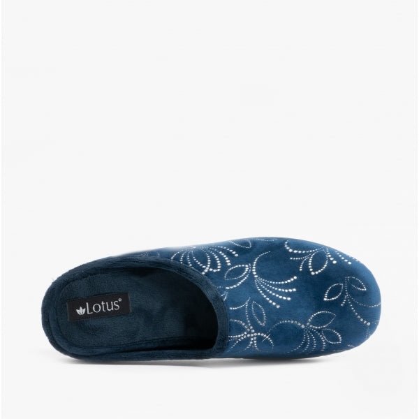 Lotus ELIZABETH Ladies Velour Mule Slippers Navy - Shuperb