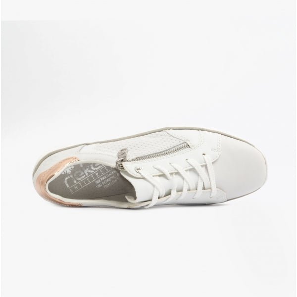 Rieker 53703 - 80 Ladies Leather Lace - Up Trainers White/Rose Gold - Shuperb