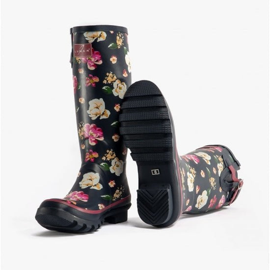 Lunar GARDEN FLORAL Ladies Rubber Wellingtons Navy - Shuperb