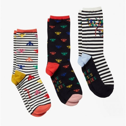 Joules EXCELLENT EVERYDAY 3PK Ladies Socks Multi Bee: UK 4 - 8 - Shuperb