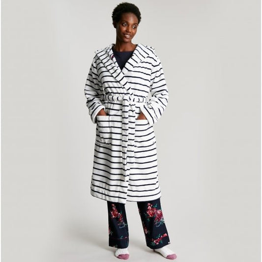 Joules RITA Ladies Dressing Gown White/Navy Stripe - Shuperb