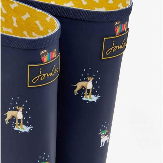 Joules WELLY PRINT Ladies Rubber Wellies Navy Rainbow Dog - Shuperb