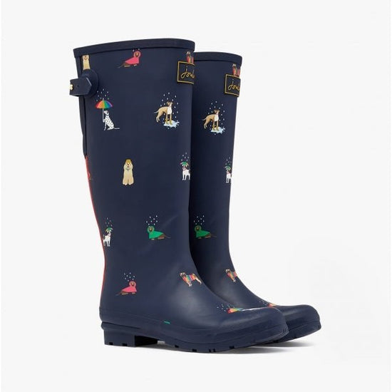 Joules WELLY PRINT Ladies Rubber Wellies Navy Rainbow Dog - Shuperb