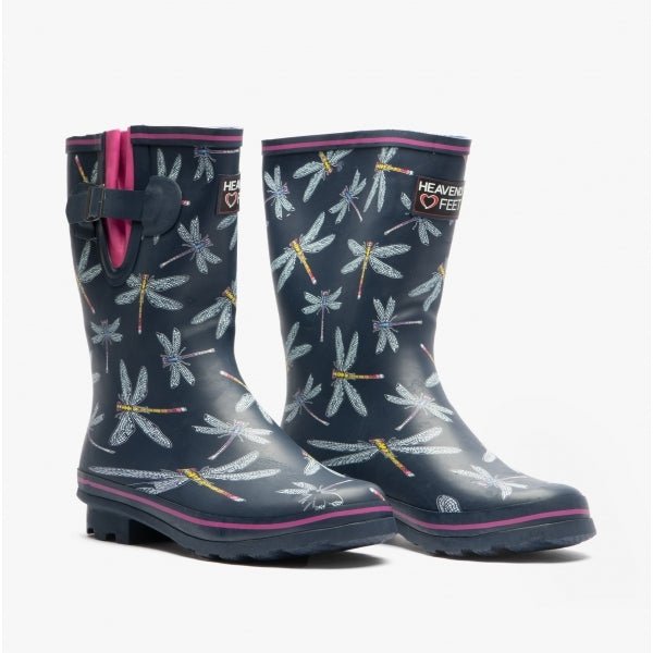 Heavenly Feet MARVEL Ladies Rubber Mid Calf Wellies Navy/Pink Dragonfly - Shuperb