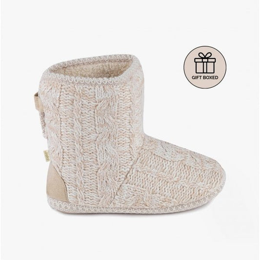 Totes Toasties TALL KNITTED CABLE Ladies Bootie Slippers Natural - Shuperb