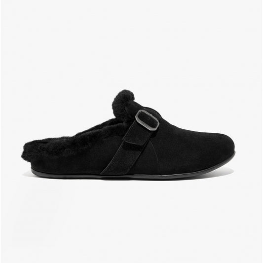 FitFlop CHRISSIE II Ladies Suede Buckle Slippers All Black - Shuperb