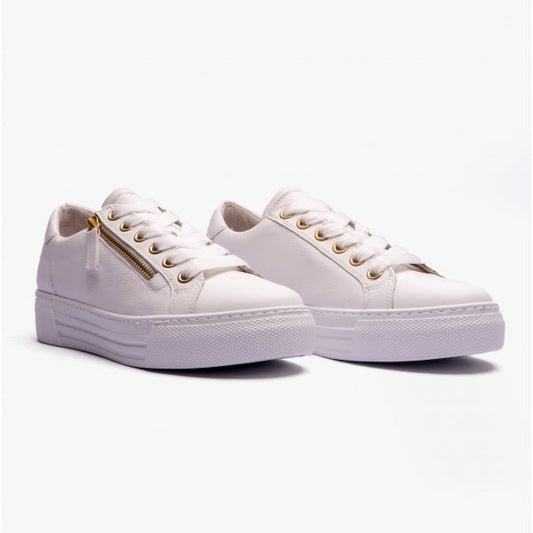 Gabor CAMPUS Ladies Wide Platform Leather Trainers White/Gold - Shuperb