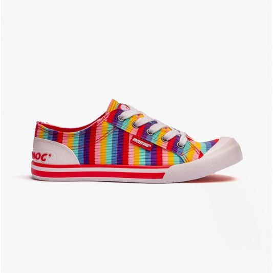 Rocket Dog JAZZIN Ladies Rollo Stiped Trainers Red Multi - Shuperb