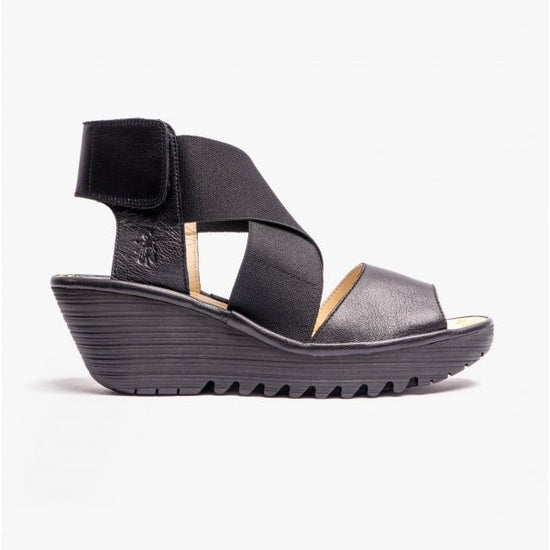 Fly London YUBA385FLY Crossover Wedge Ladies Sandals Black - Shuperb