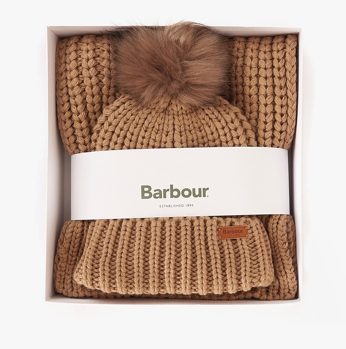 Barbour SALTBURN BEANIE & SCARF Womens Gift Set Mink - Shuperb