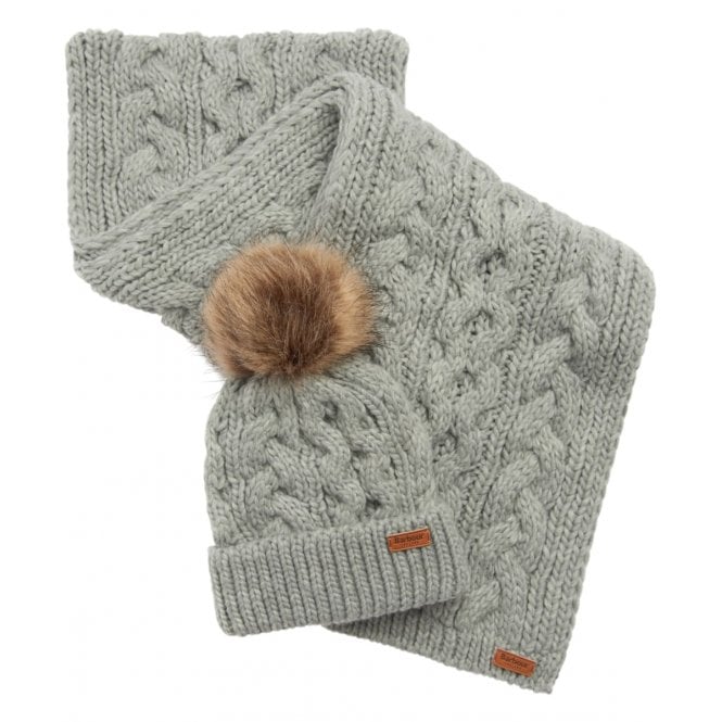 Barbour PENSHAW BEANIE & SCARF Womens Gift Set Grey - Shuperb