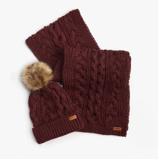 Barbour PENSHAW BEANIE & SCARF Womens Gift Set Bordeaux - Shuperb