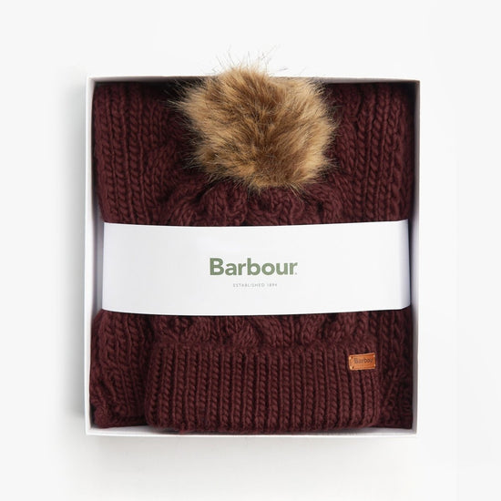 Barbour PENSHAW BEANIE & SCARF Womens Gift Set Bordeaux - Shuperb