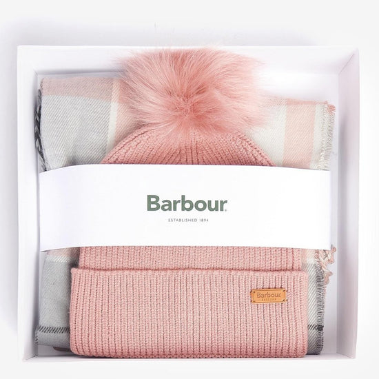 Barbour DOVER BEANIE & HAILES SCARF Womens Gift Set Pearl Grey - Shuperb