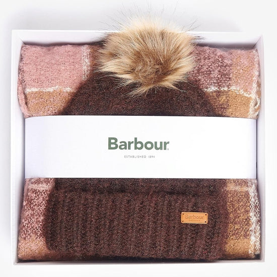 Barbour SALTBURN BEANIE & TARTAN SCARF Womens Gift Set Chocolate - Shuperb