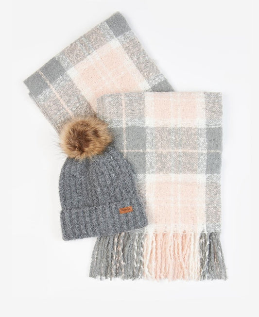 Barbour SALTBURN BEANIE & TARTAN SCARF Womens Gift Set Grey Rose - Shuperb