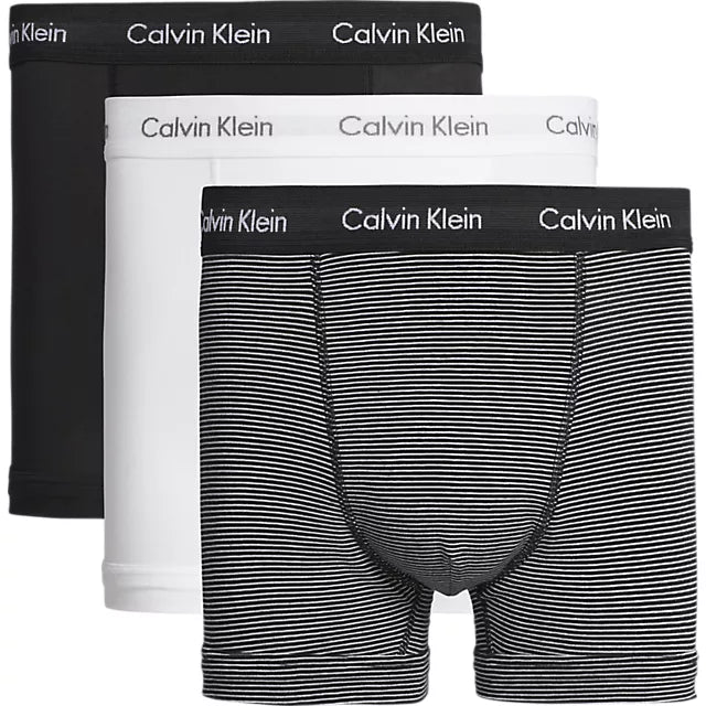 Calvin Klein TRUNK 3 Pack Mens Cotton Stretch Underwear White/Black & White Stripe/Black - Shuperb