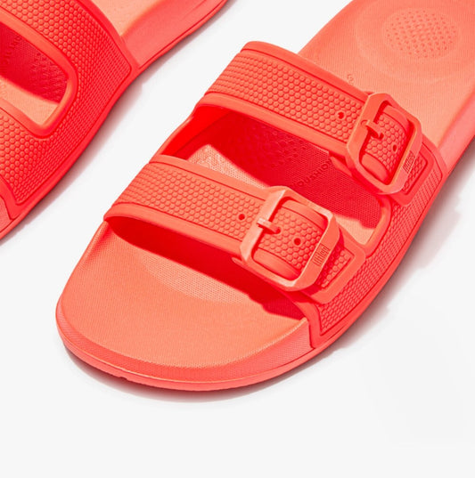 FitFlop iQUSHION TWO - BAR BUCKLE SLIDES Ladies Neon Orange - Shuperb