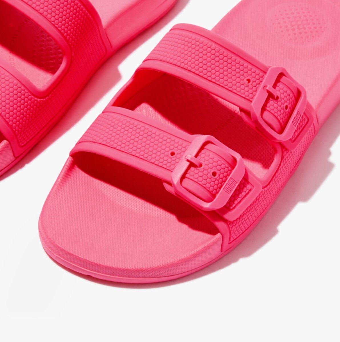 FitFlop iQUSHION TWO - BAR BUCKLE SLIDES Ladies Pop Pink - Shuperb