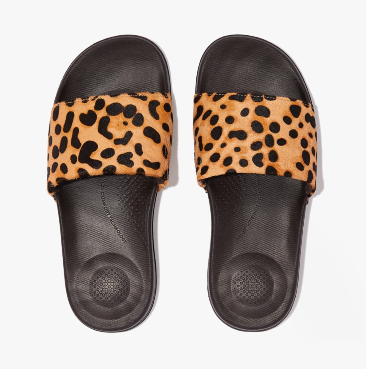 FitFlop iQUSHION Ladies Hair - On Leather Sliders Leopard - Shuperb