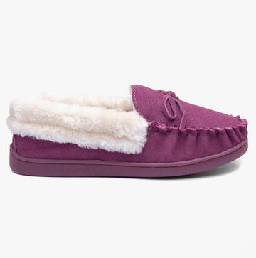 Jo & Joe MULL Ladies Suede Moccasin Slippers Dark Pink - Shuperb