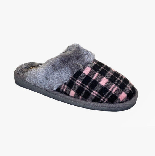 Sleepers MIA Ladies Tartan Textile Mule Slippers Black/Pink/Grey - Shuperb