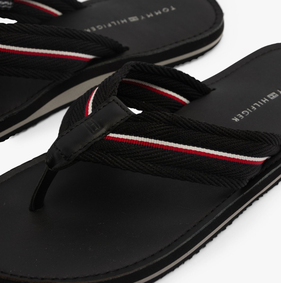 Tommy Hilfiger HILFIGER LEATHER Mens Flip Flops Black - Shuperb