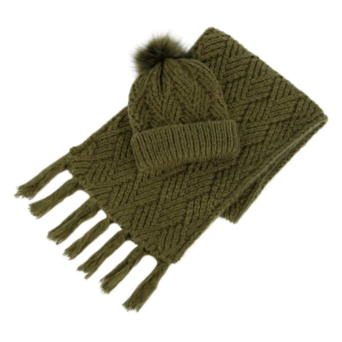 Totes Toasties KNITTED Hat & Scarf Set Womens Khaki - Shuperb