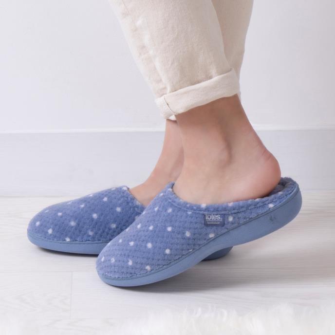 Totes Isotoner POPCORN Terry Mule Slippers Womens Iris Blue Spot - Shuperb