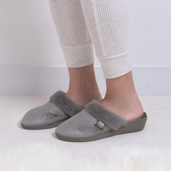 Totes Isotoner SPARKLE VELOUR HEELED MULE Womens Grey Sparkle - Shuperb