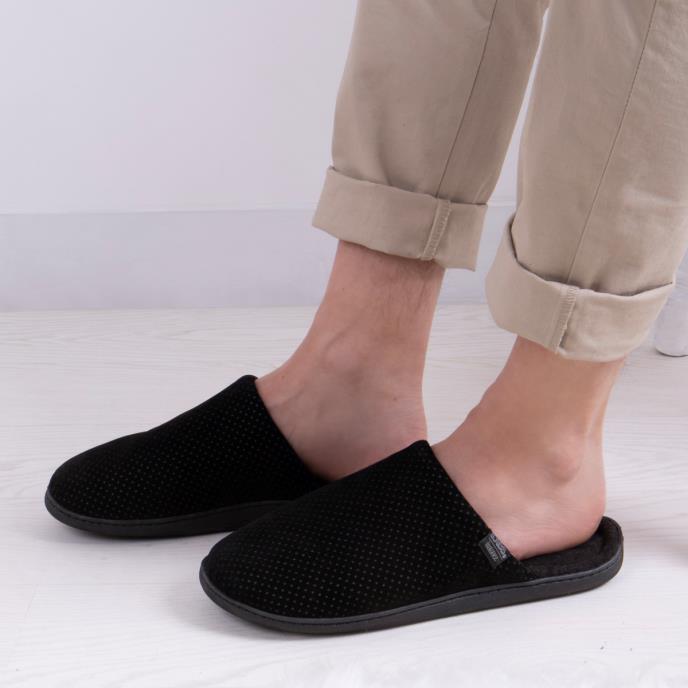 Totes Isotoner PERFORATED SUEDETTE Mule Slippers Mens Black - Shuperb