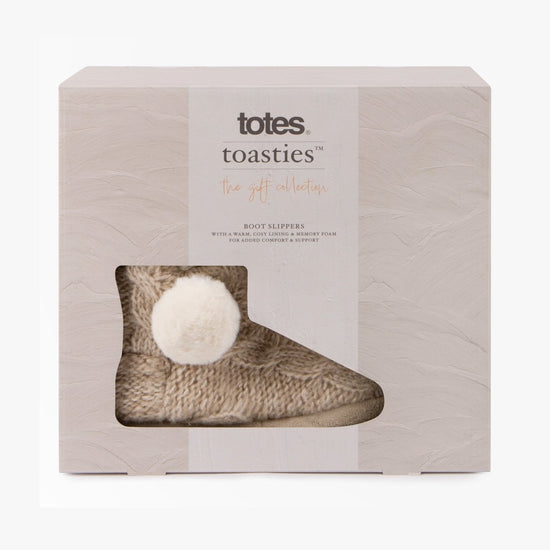 Totes Toasties CABLE BOOT Slippers WITH POM POM Womens Oat - Shuperb