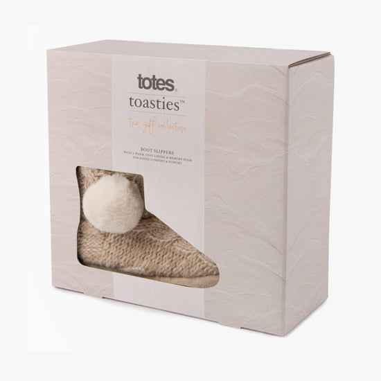 Totes Toasties CABLE BOOT Slippers WITH POM POM Womens Oat - Shuperb