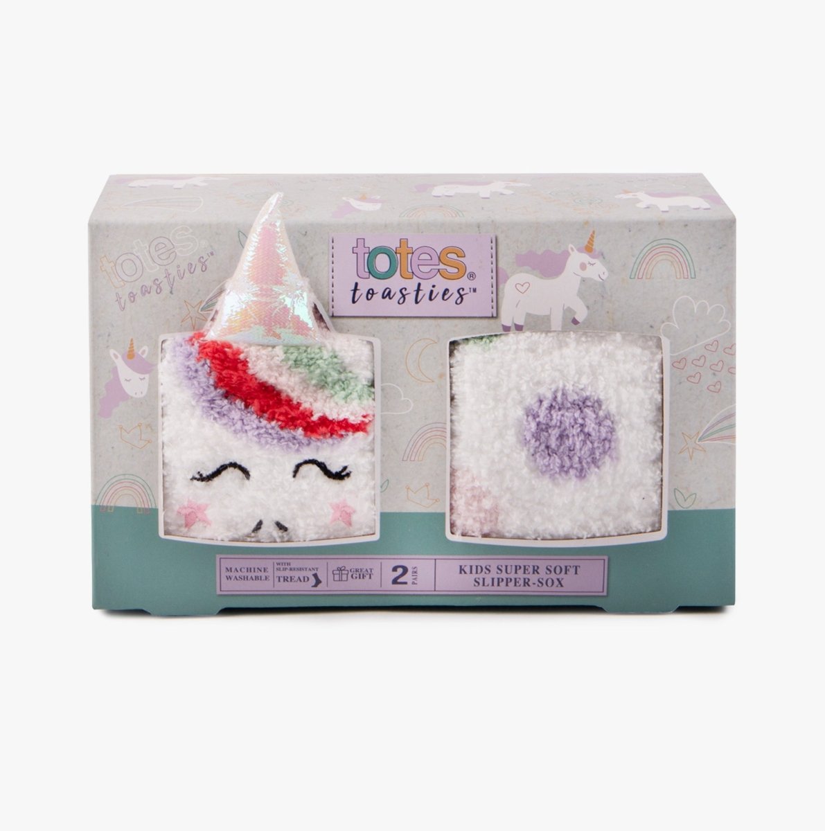 Totes Toasties SUPER SOFT Slipper Socks (Twin Pack) Unisex Kids Socks Unicorn - Shuperb